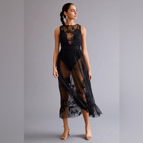 Anthropologie Dresses & Skirts - By Anthropologie Embroidered Mesh Maxi Dress black Women’s SIZE MEDIUM lace dark
